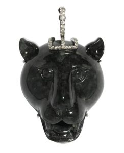 Carved gray jadeite, diamond and 18k white gold panther head pendant, Mason-Kay 'A' jade report
